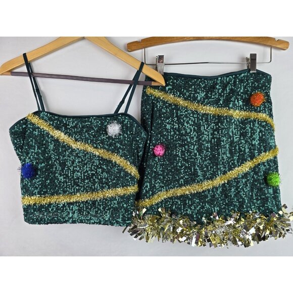 Love On A Hanger Women's Ugly Christmas Outfit Size Medium Green Skirt & Top Set - Picture 12 of 13